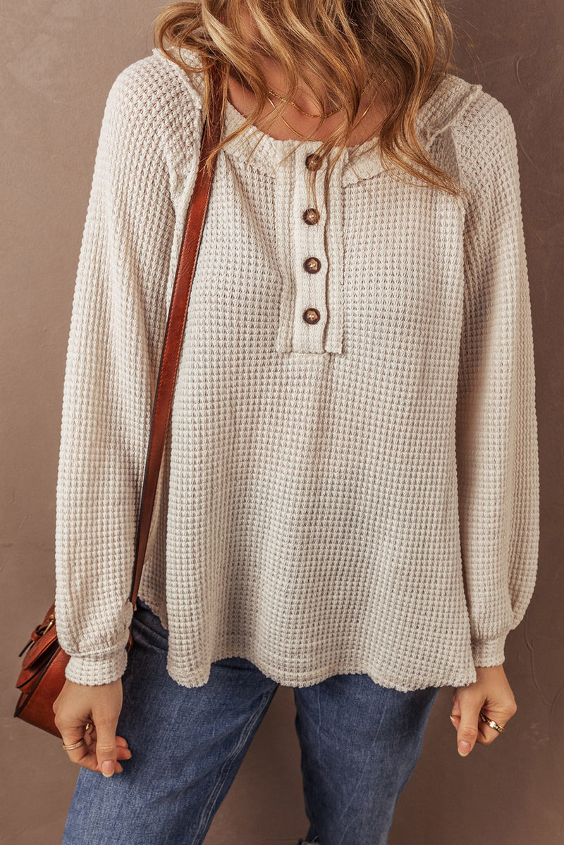 Oatmeal Waffle Knit Raglan Sleeve Loose Henley Top