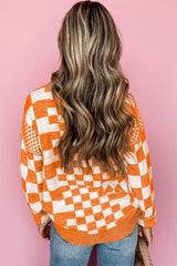 Carrot Checkered Drop Shoulder Round Neck Sweater