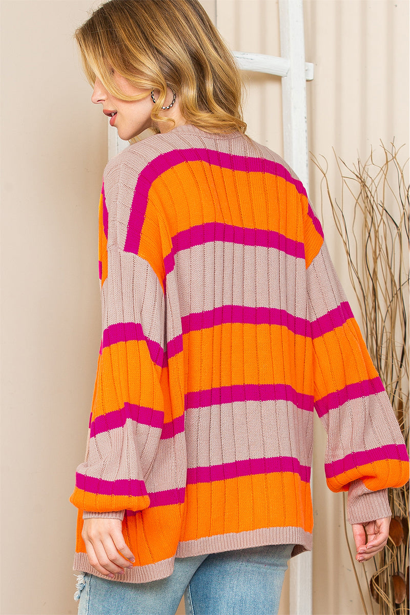 Orange Stripe Print Ribbed Knit Sweater Cardigan