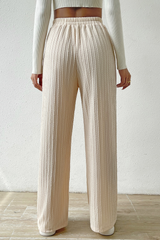 White Rib Knit Drawstring Elastic Waist Wide Leg Pants