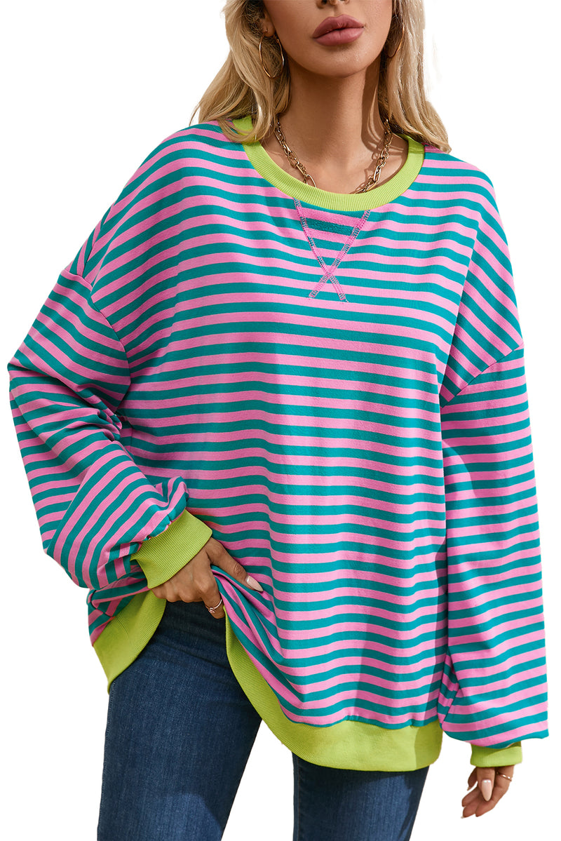 Green Stripe Contrast Edge Oversized Sweatshirt