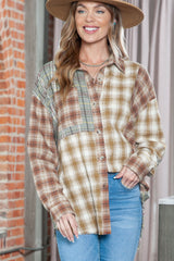 Brown Color Block Raw Hem Casual Button Up Flannel Shacket