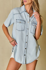 Mist Blue Light Wash Flap Pockets Rounded Hem Denim Blouse