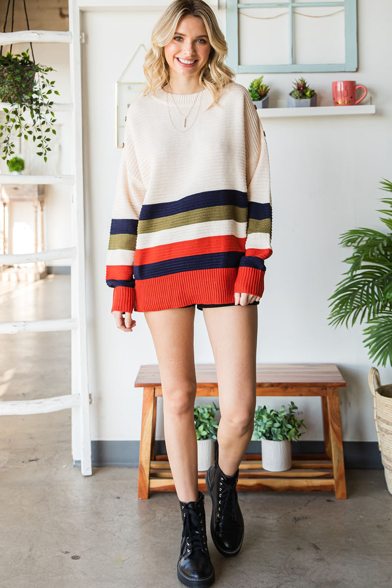 Colorblock Striped Button Drop Shoulder Pullover Sweater