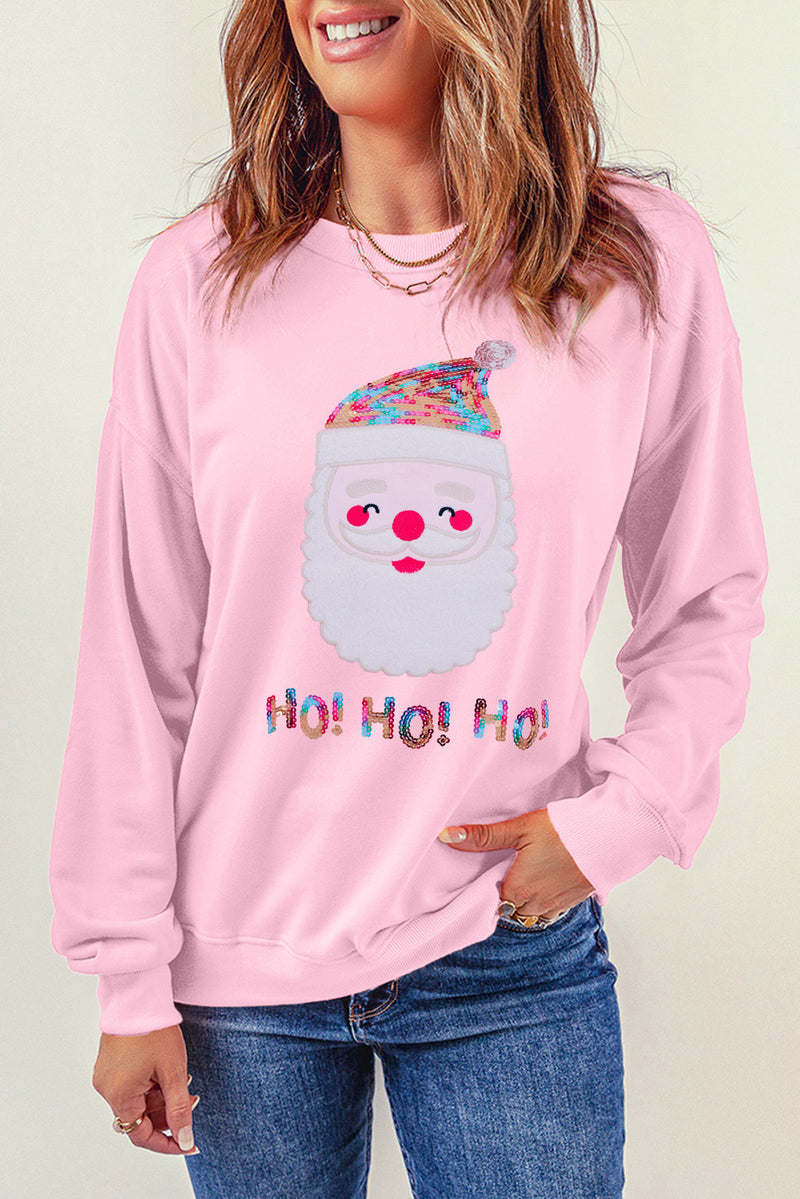 Pink HO HO HO Sequined Santa Claus Graphic Sweatshirt