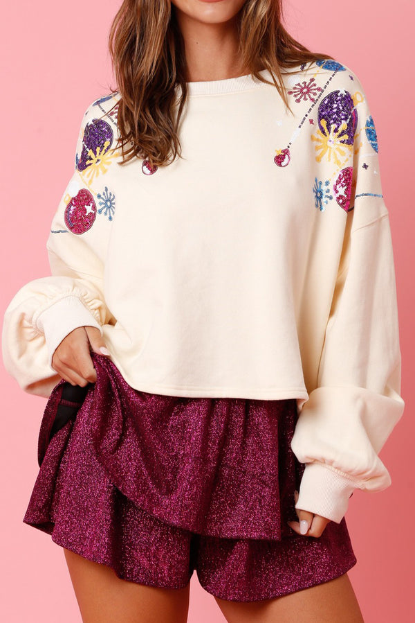 White Sequined Round Neck Loose Pullover Sweatshirt