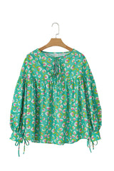 Green Abstract Print Lace-up Neck Lantern Sleeve Babydoll Blouse