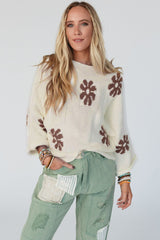 White Colorblock Floral Pattern Crewneck Sweater