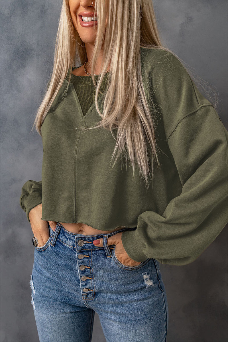 Green Casual Drop Shoulder Cropped Sweatshirt