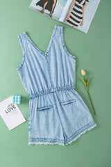 Beau Blue Stud V Neck Sleeveless Raw Hem Denim Romper