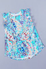 Rosy Boho Abstract Print Ruffle Babydoll Sleeveless Shirt