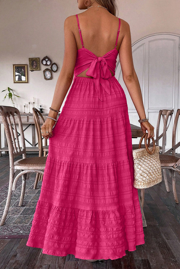 Rose Red Bow Tie Sleeveless V Neck Maxi Dress