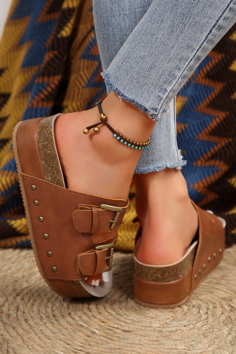 Chestnut Dual Buckle Studded Vintage Platform Sandals