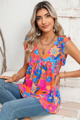 Rose Red Paisley Print Boho Ruffle Hem Sleeveless Shirt