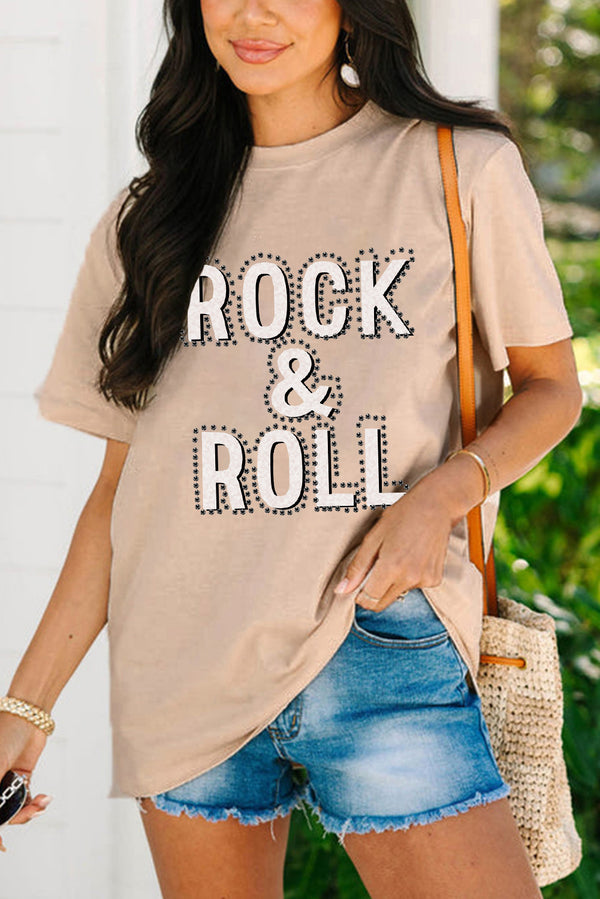 Khaki Rhinestone ROCK & ROLL Graphic T Shirt