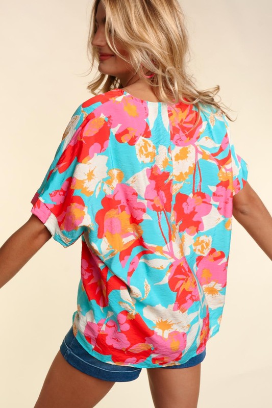 PLUS DROP SHOULDER DOLMAN BANDED FLORAL WOVEN TOP