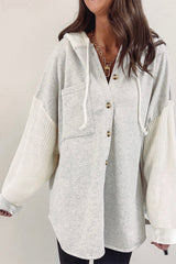 Gray Button Up Contrast Knitted Sleeves Hooded Jacket