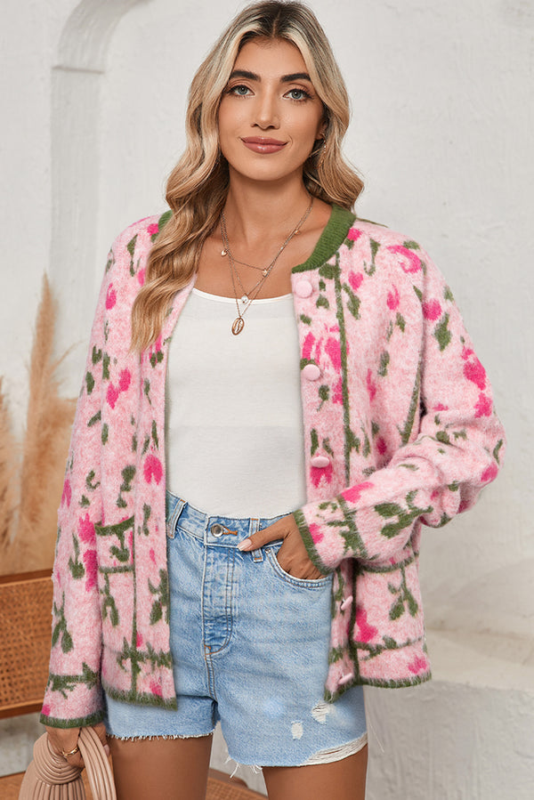 Pink Contrast Color Jacquard Round Neck Elegant Loose Knitted Cardigan