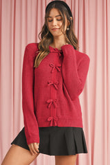 Fiery Red Sweet Bow Front Knit Cardigan