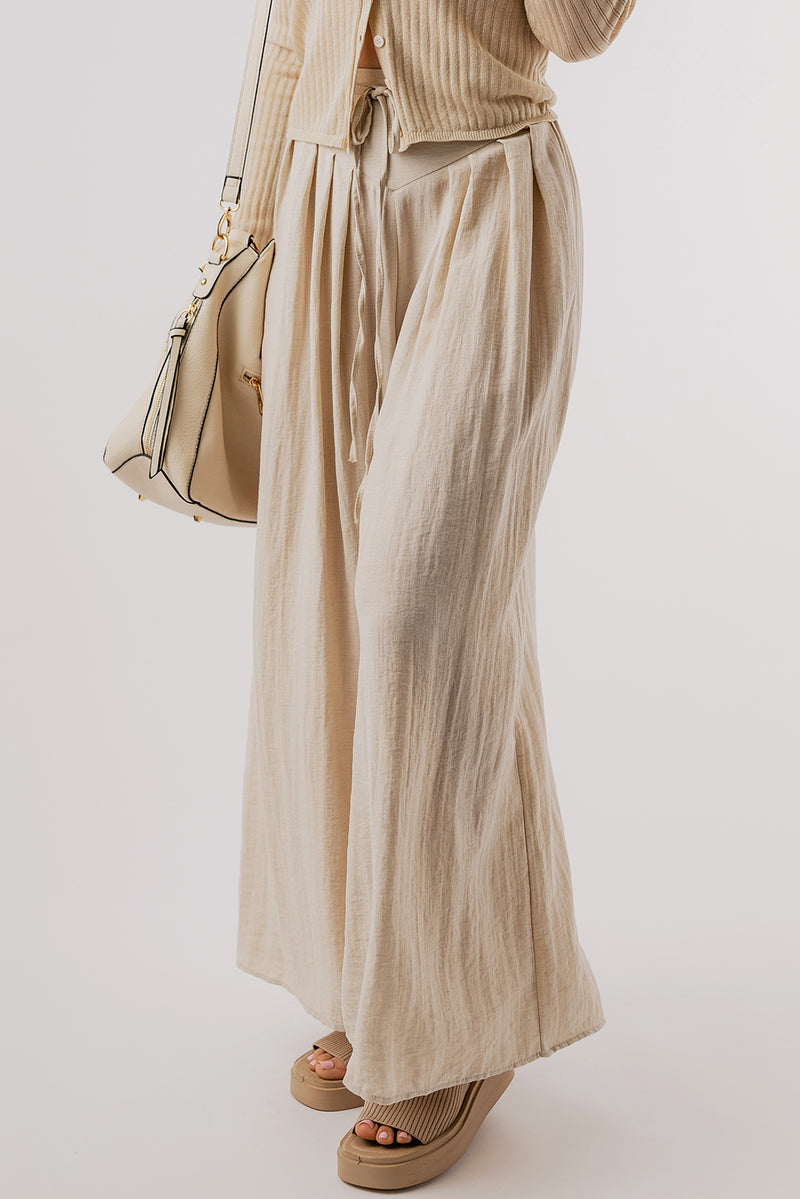 Beige Casual Lace-up Waist Pleated Wide Leg Pants