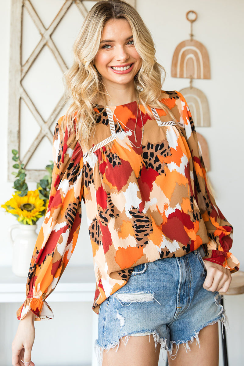 Multicolor Abstract Print Boho Ruffle Puff Sleeve Blouse