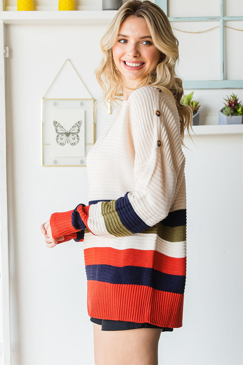 Colorblock Striped Button Drop Shoulder Pullover Sweater