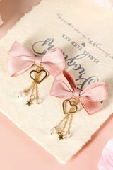 Pink Cute Heart Beaded Charm Bow Hair Clip