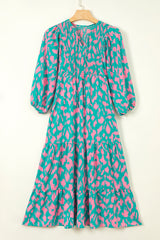 Green Abstract Print Puff Sleeve Smocked V Neck Maxi Dress