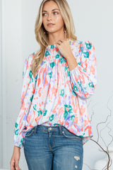 Multicolor Abstract Print Smocked Long Sleeve Blouse