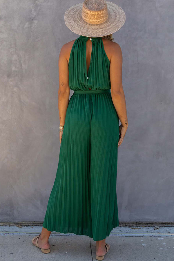 Green Elegant Halter Neck Belted Pleated Wide Leg Jumpsuit