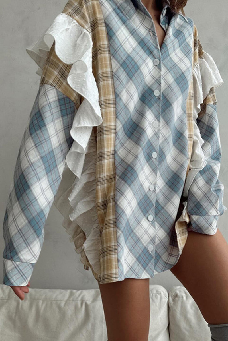 Sky Blue Plaid Print Patchwork Ruffle Shirt