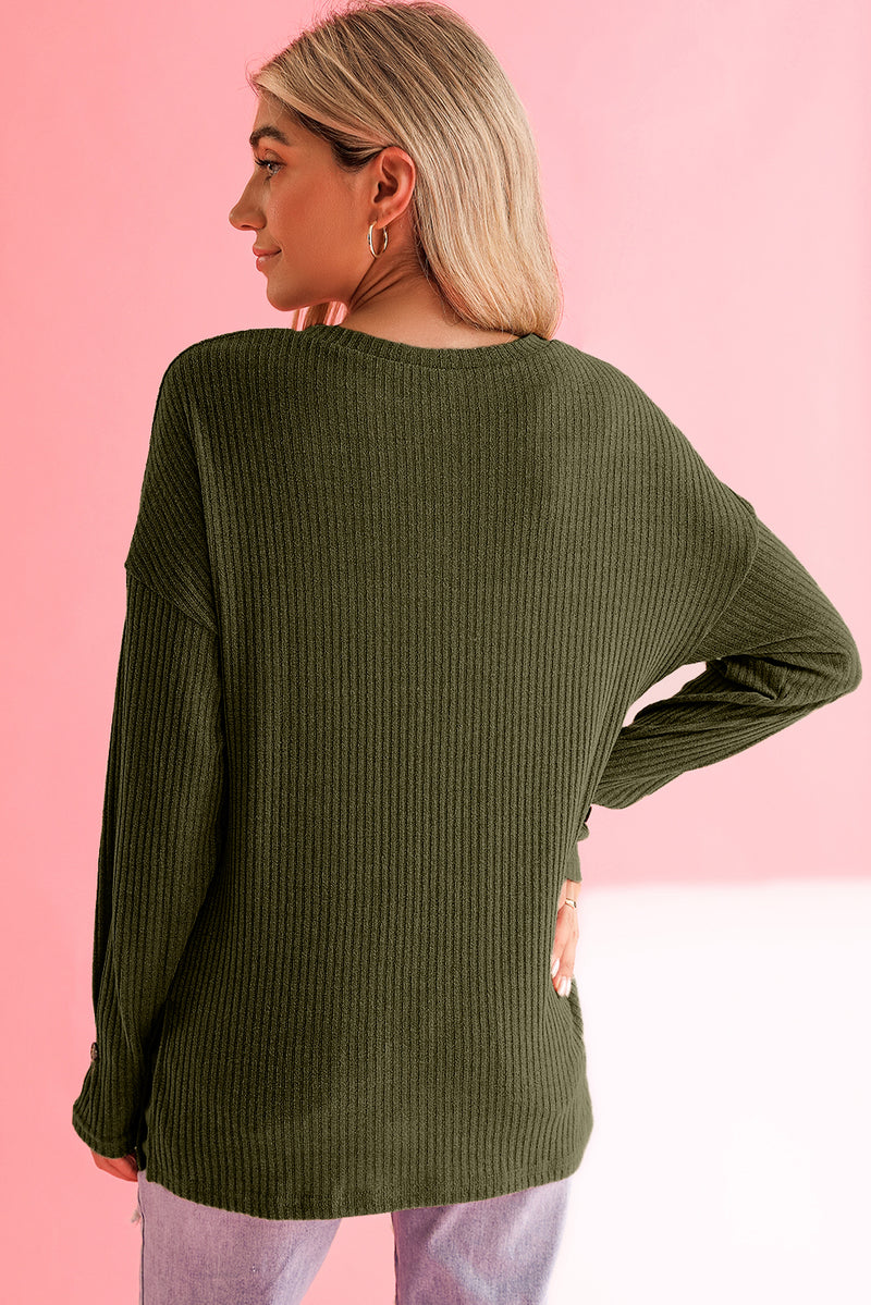 Rose Drop Shoulder Ribbed Knit Long Sleeve Henley Top