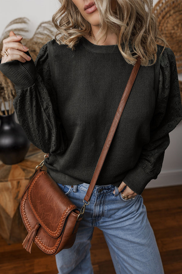 Black Eyelet Embroidered Patchwork Sleeve Ribbed Sweatshirt