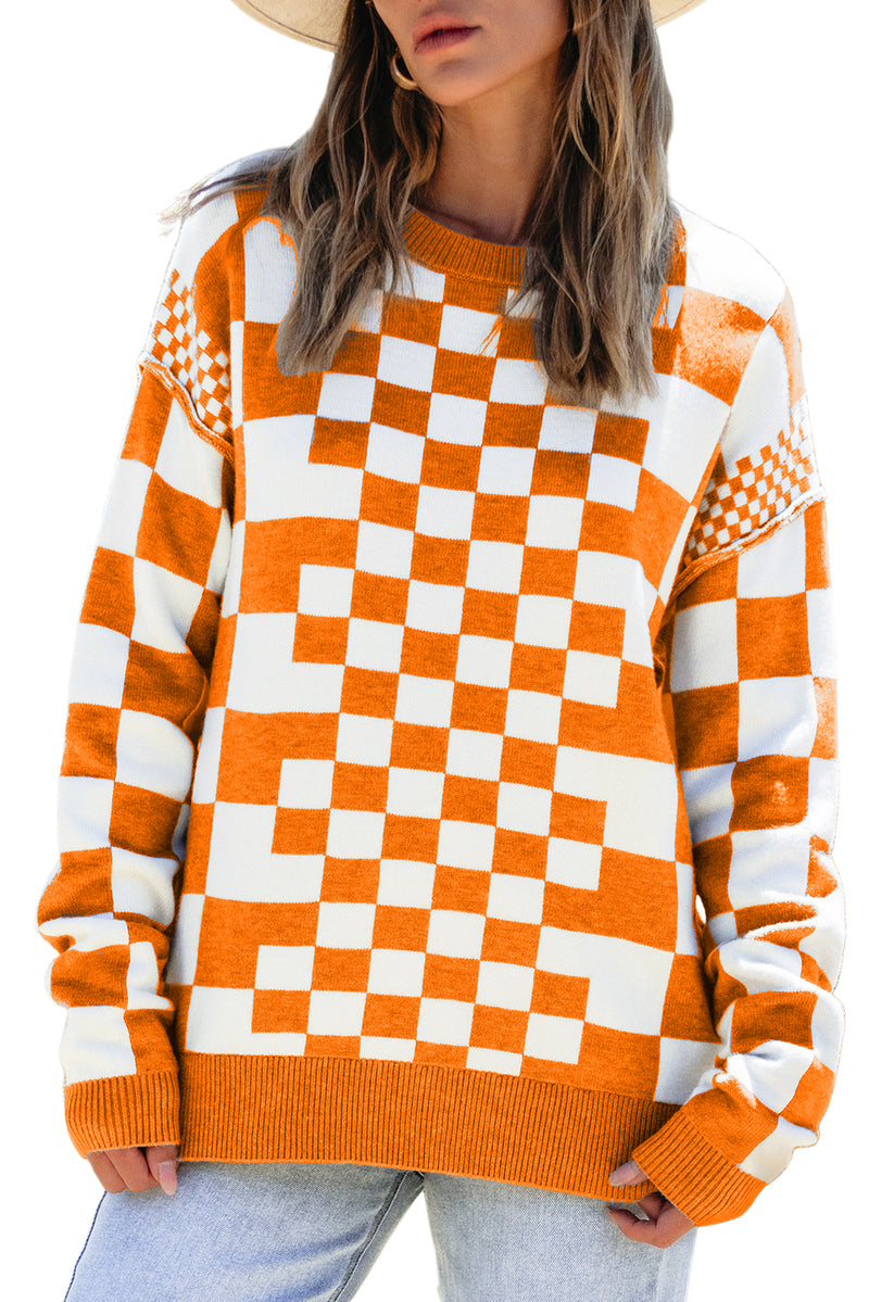 Carrot Checkered Drop Shoulder Round Neck Sweater