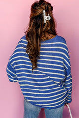 Green Stripe Casual Stripe Round Neck Drop Shoulder Sweater