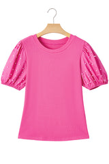 Bright Pink Pearl Beaded Puff Sleeve Ribbed Top