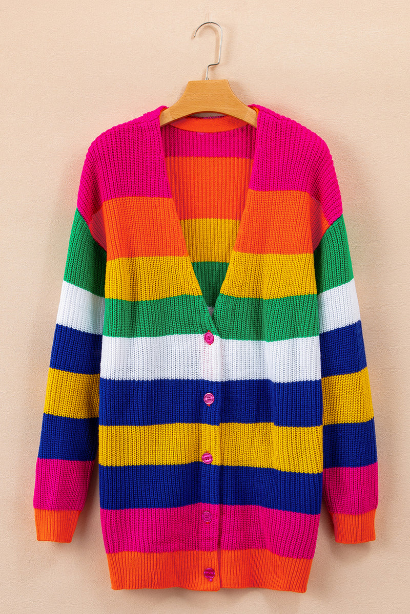 Multicolor Striped Print Button Front Knitted Long Cardigan