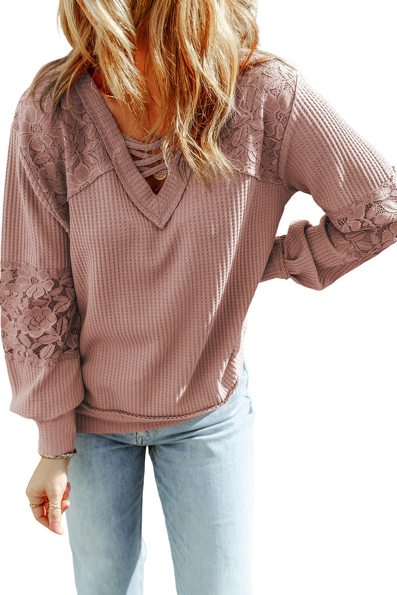 Apricot Lace and Waffle Knit Crisscross Straps V Neck Long Sleeve Top