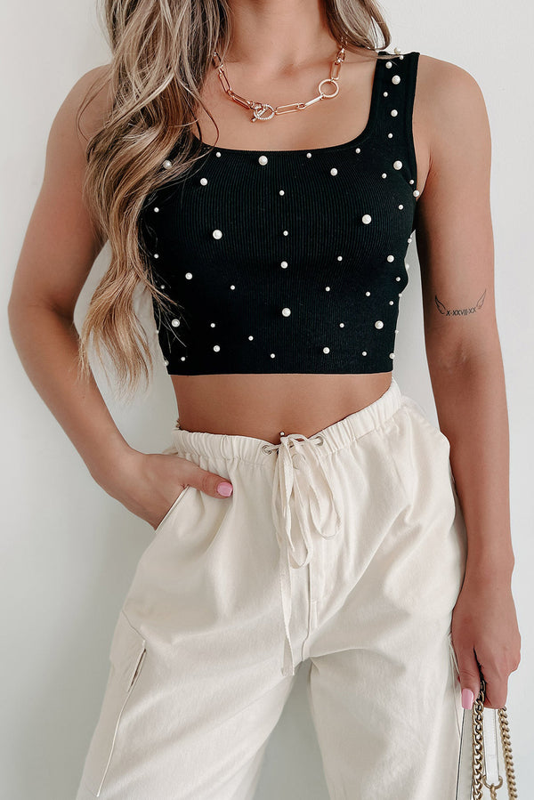 Black Pearl Decor Square Neck Ribbed Knit Crop Tank Top