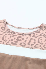 Khaki Leopard Casual Color Block T Shirt