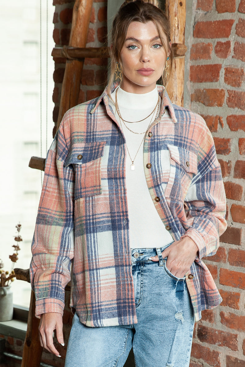 Gold Flame & Grey Plaid Button Up Collared Flannel Shacket