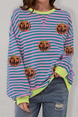 Blue Stripe Funny Halloween Pumpkin Face Oversize Graphic Sweatshirt