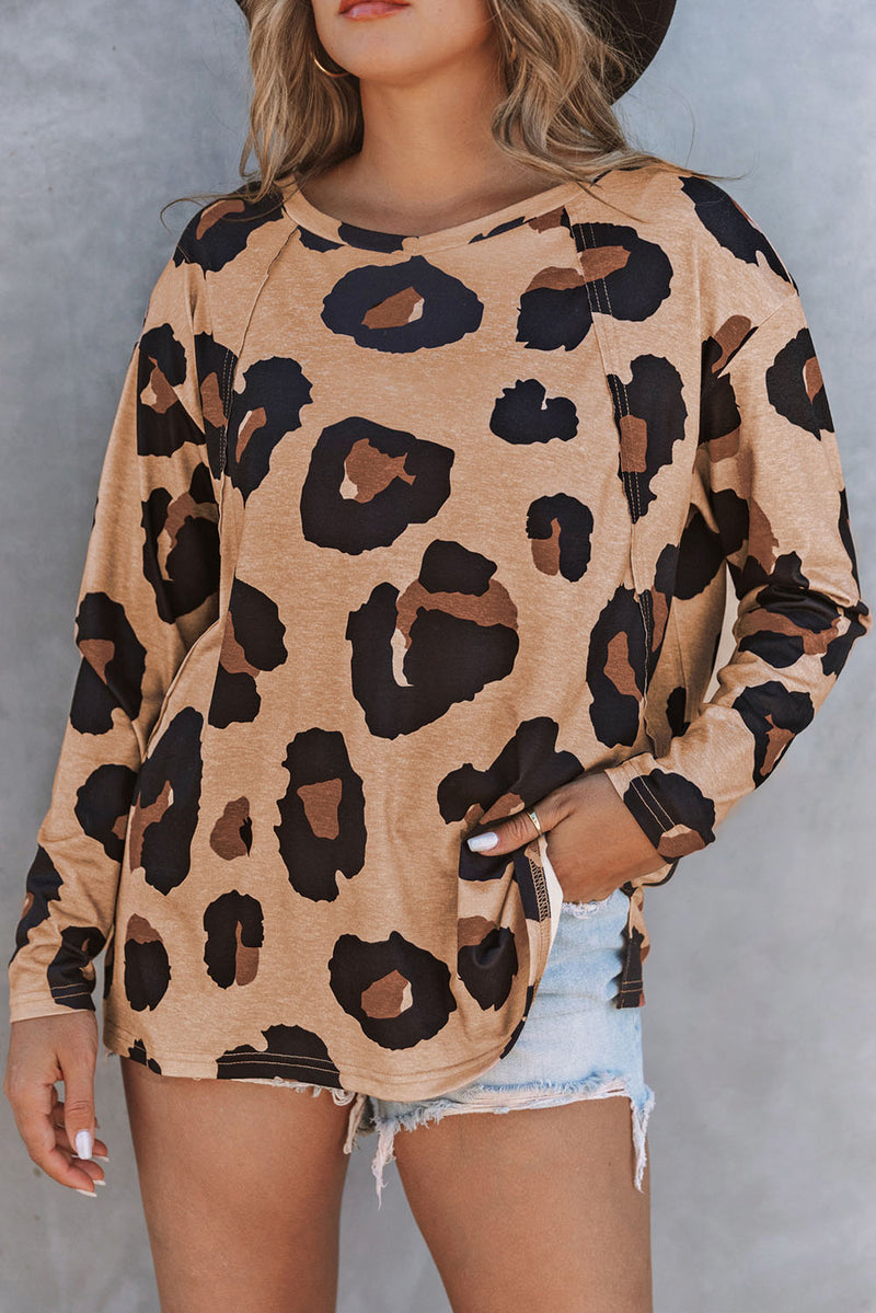 White Leopard Print Casual Loose Long Sleeve Top