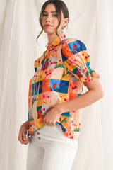 Multicolour Boho Floral Checkered Frill V-Neck Blouse