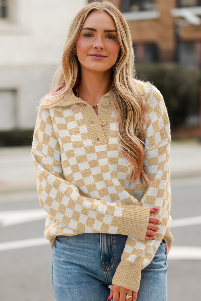 Pink Checkered Buttons Collar V Neck Drop Shoulder Sweater