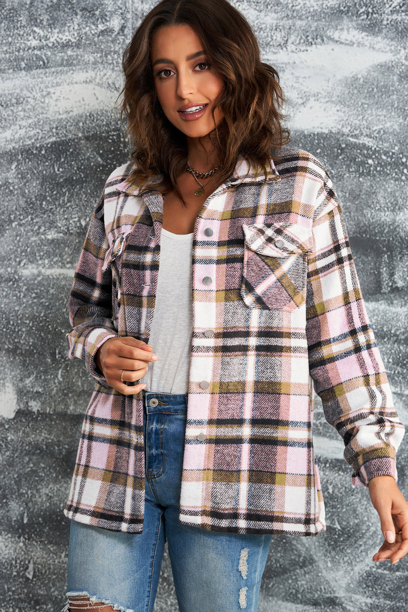 Flannel Button Up Long Sleeve Pink Plaid Shacket