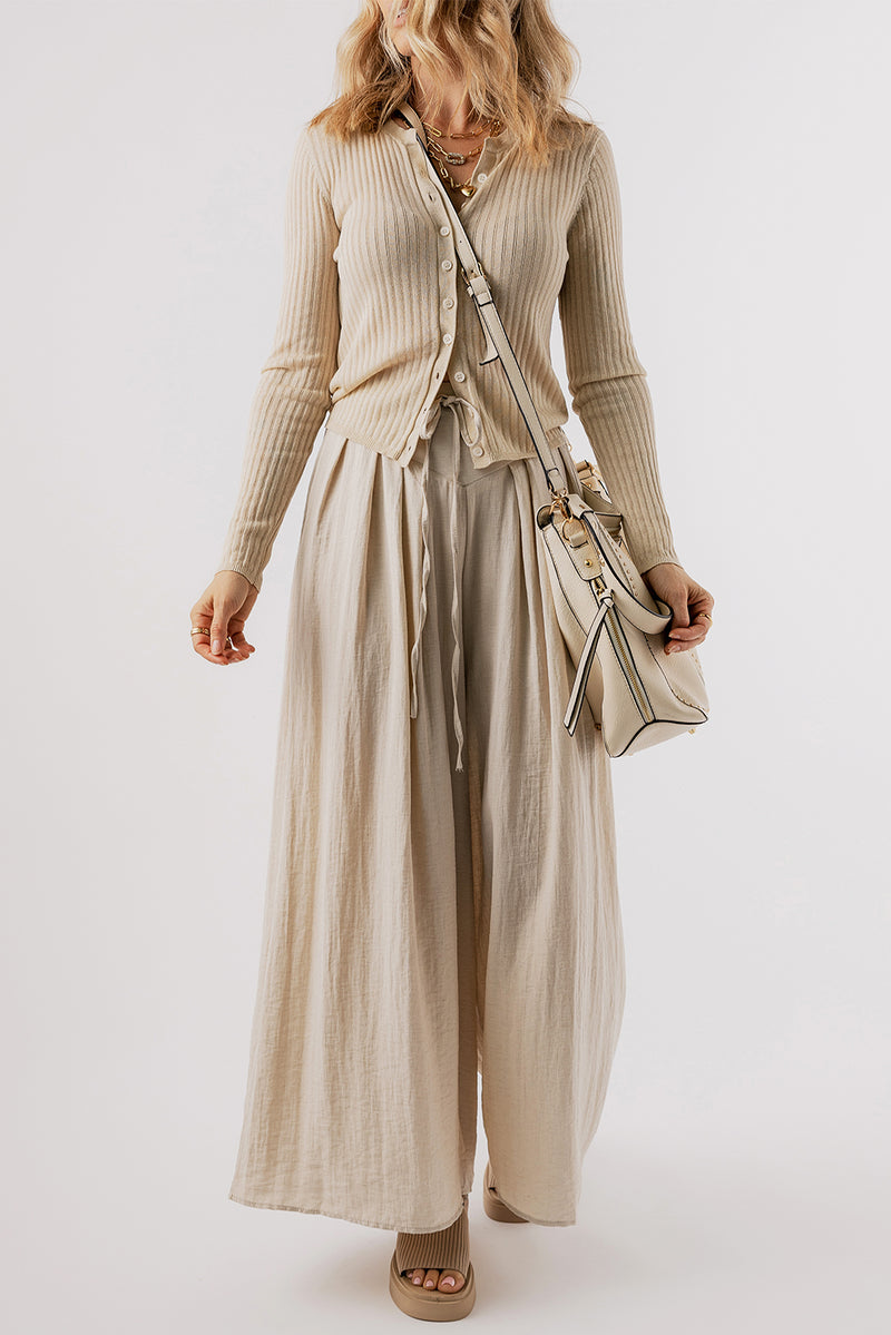 Beige Casual Lace-up Waist Pleated Wide Leg Pants