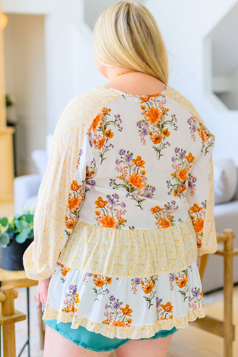 White Plus Size Floral Print V Neck Puff Sleeve Blouse