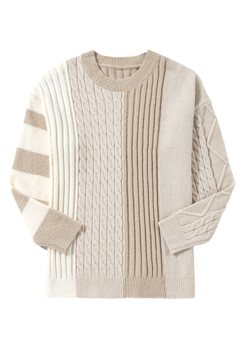 Khaki Cable Knit Colorblock Crew Neck Drop Shoulder Sweater