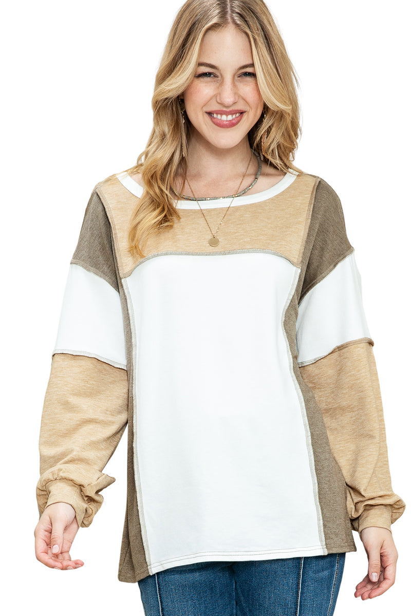 Khaki Color Block Exposed Seam Long Sleeve Top